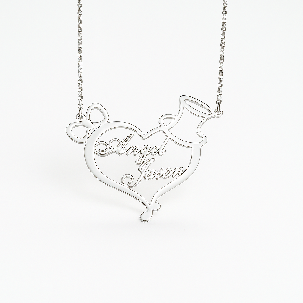 Custom Couple Name Necklace – Gold Heart Pendant with Bow & Hat Design