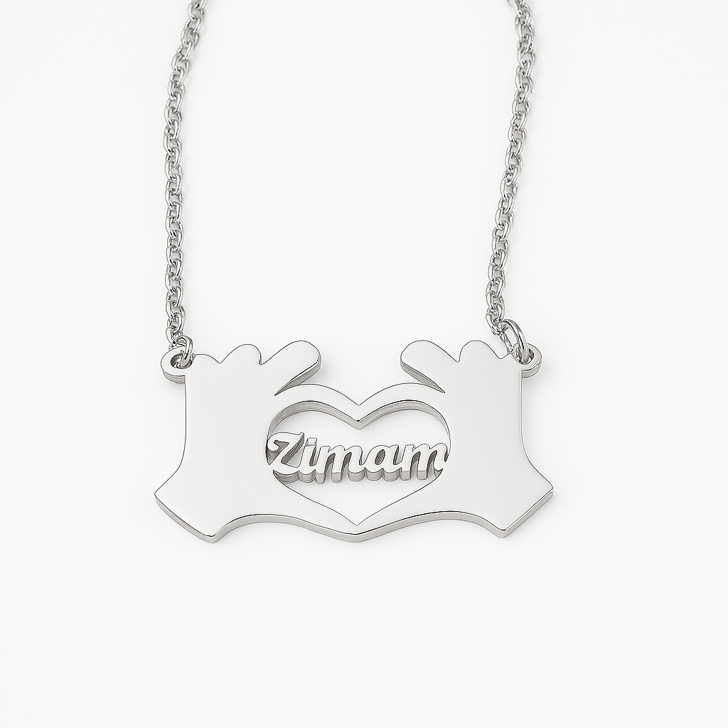 Custom Hand Heart Name Necklace – Personalized Gold Pendant for Loved Ones