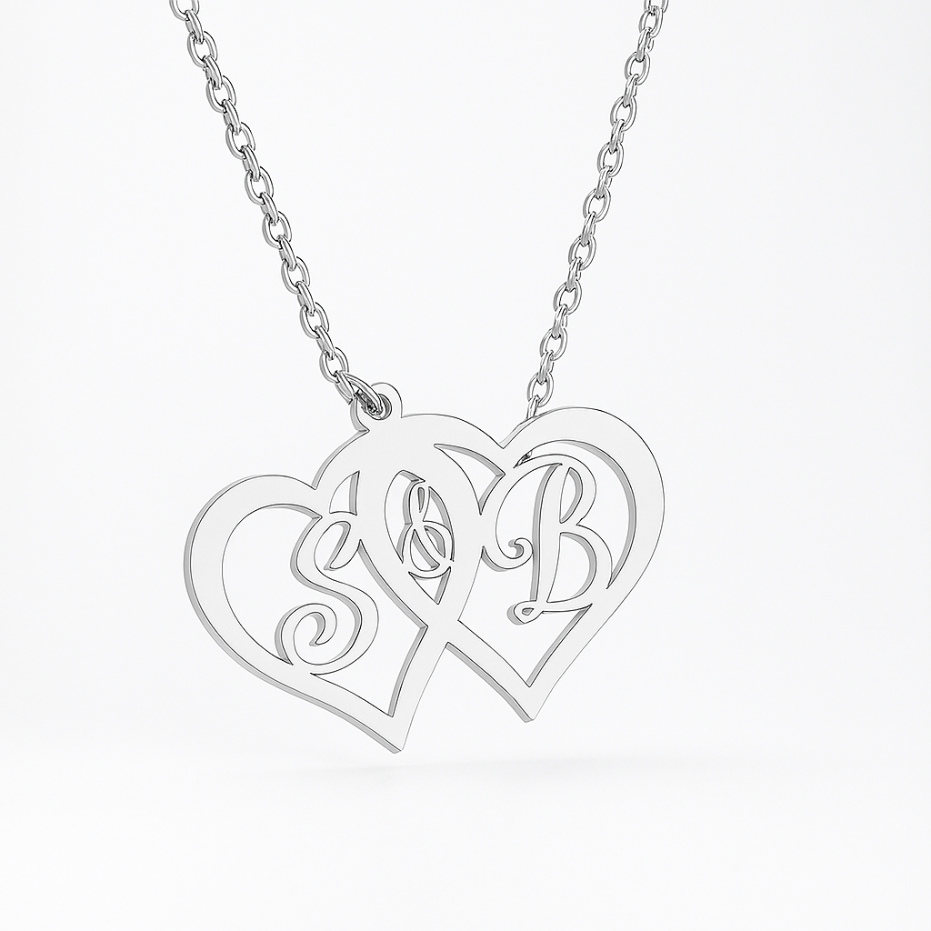 Custom Double Heart Initial Necklace – Personalized Gold Pendant for Couples