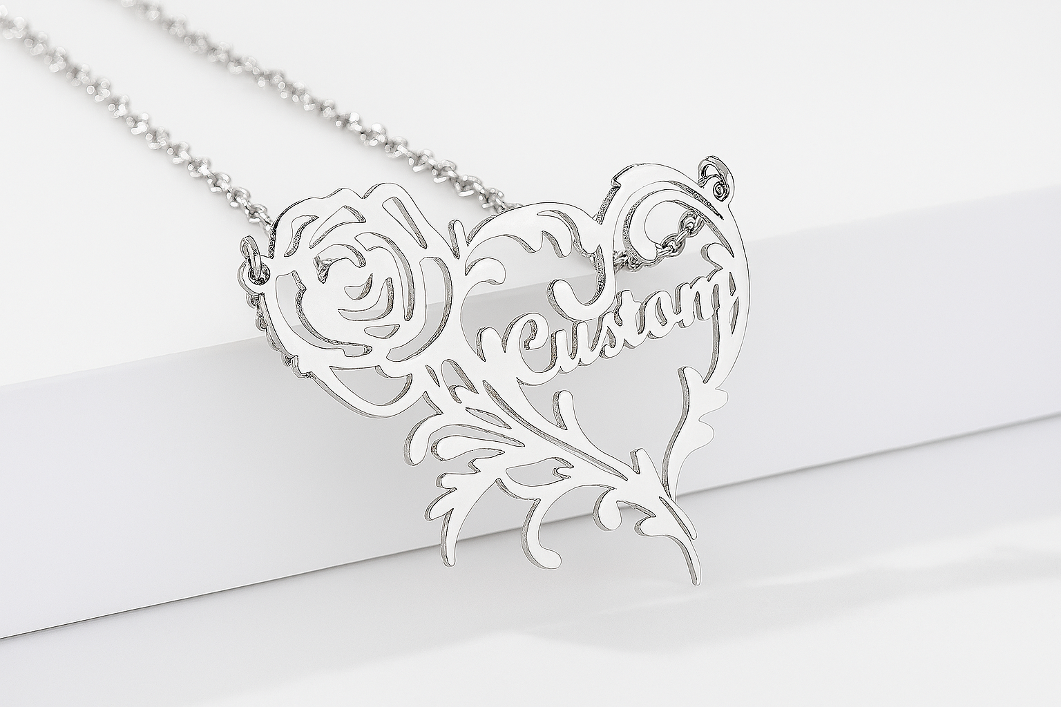 Custom Rose Heart Name Necklace – Personalized Gold Floral Pendant for Women
