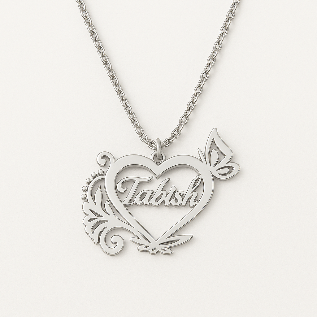 Custom Name Butterfly Heart Necklace – Gold & Silver Personalized Pendant