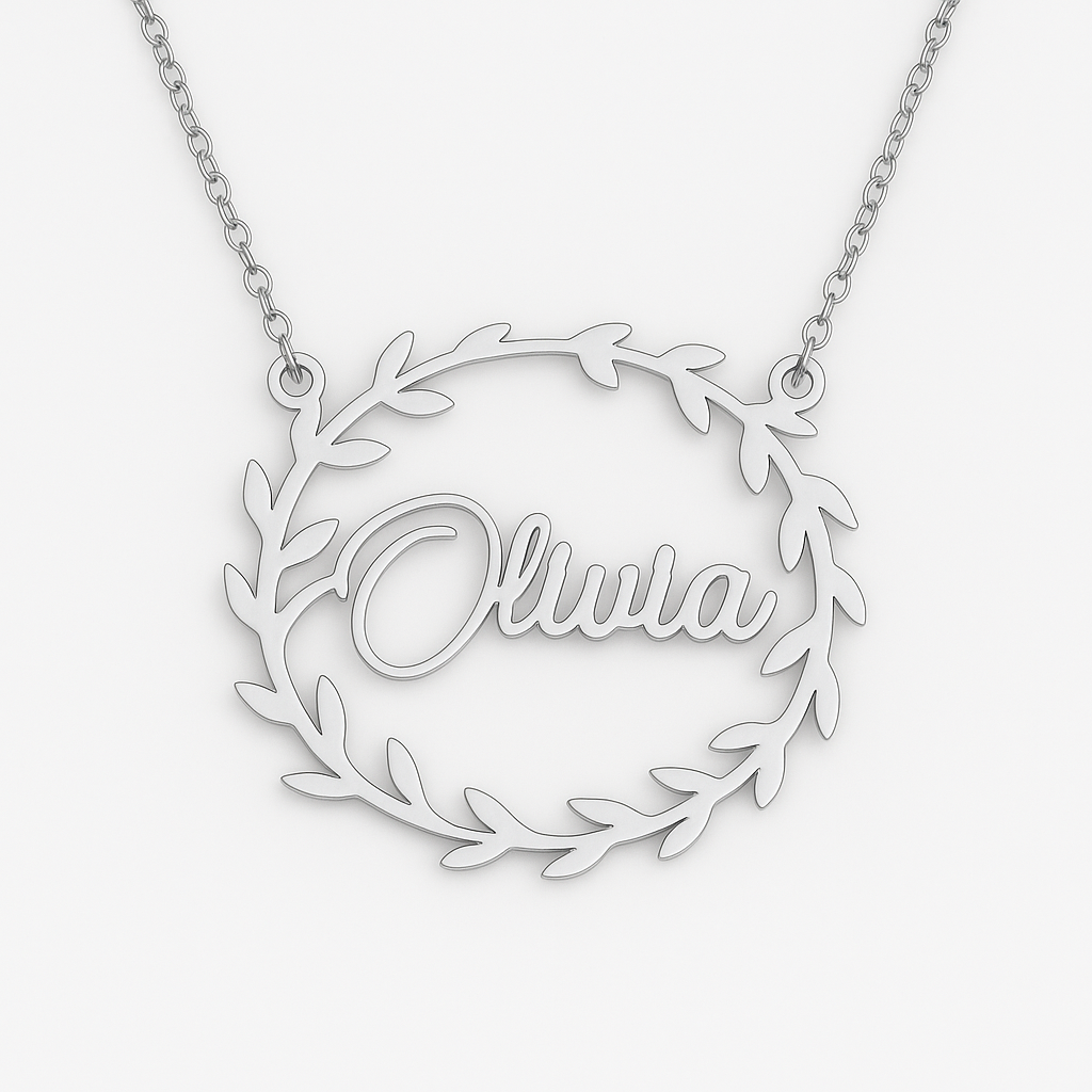 Custom Gold Name Necklace – Personalized Leaf Wreath Pendant for Women