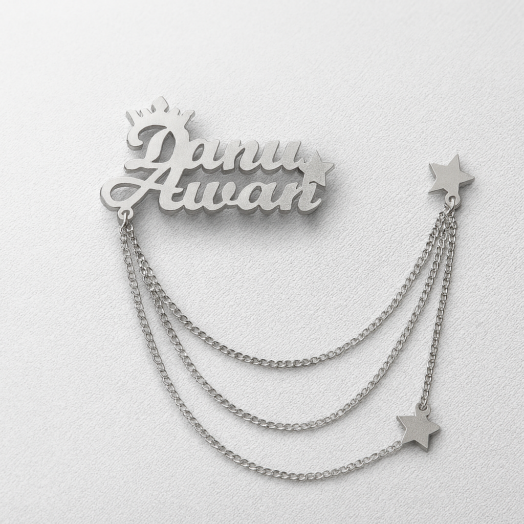 Custom Name Brooch – Personalized Crown Pin with Chain for Men