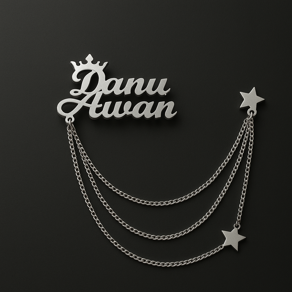 Custom Name Brooch – Personalized Crown Pin with Chain for Men