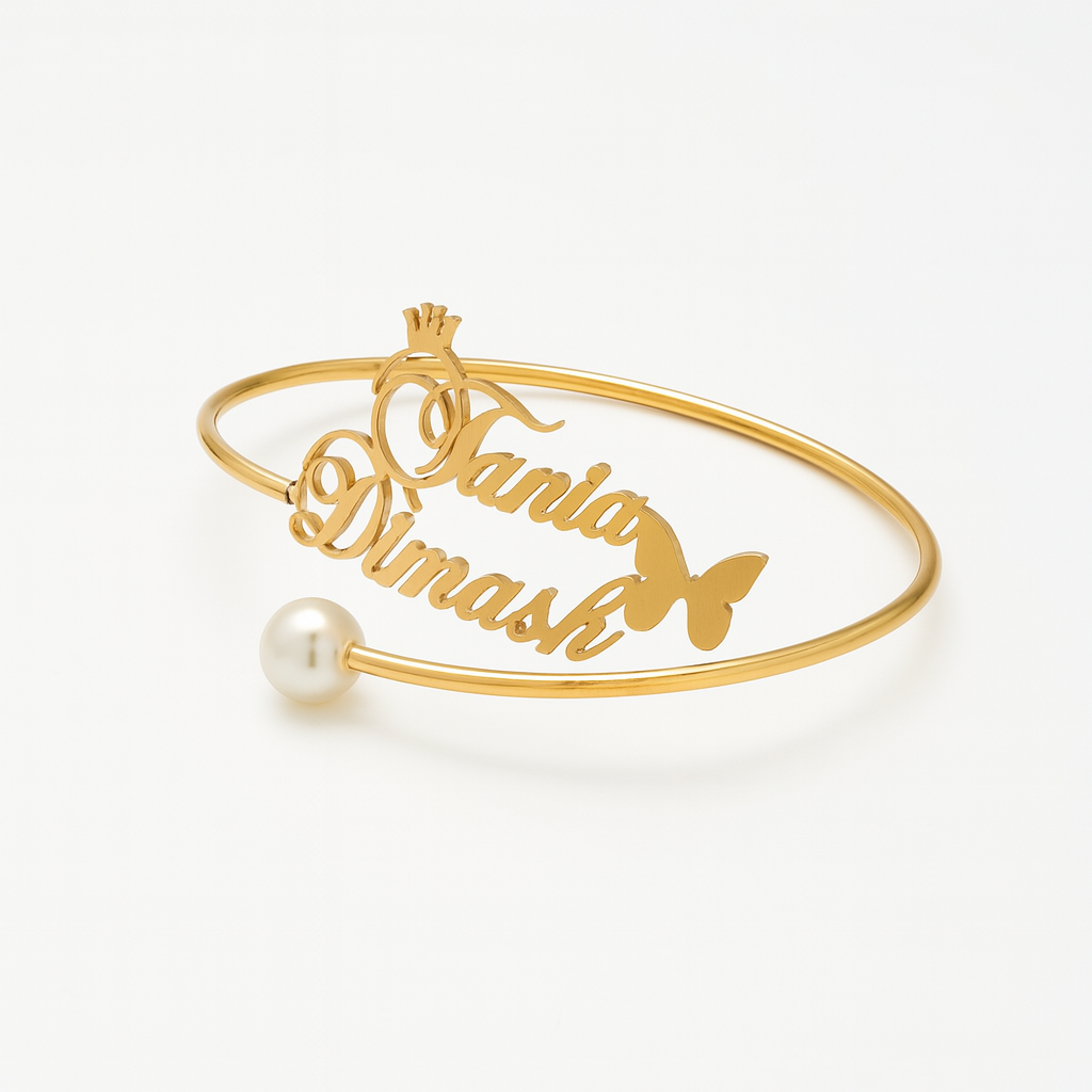 Customize 24CT Gold Name Bracelet with Pearl & Butterfly Charm