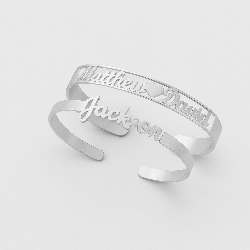 Personalized Silver Name Cuff Bracelets – Custom Couple & Single Designs