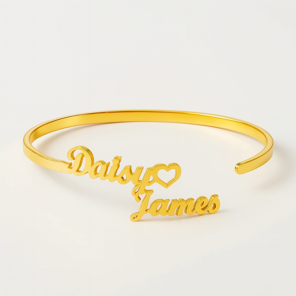 Custom Couple Name Bracelet – Gold Heart Open Cuff
