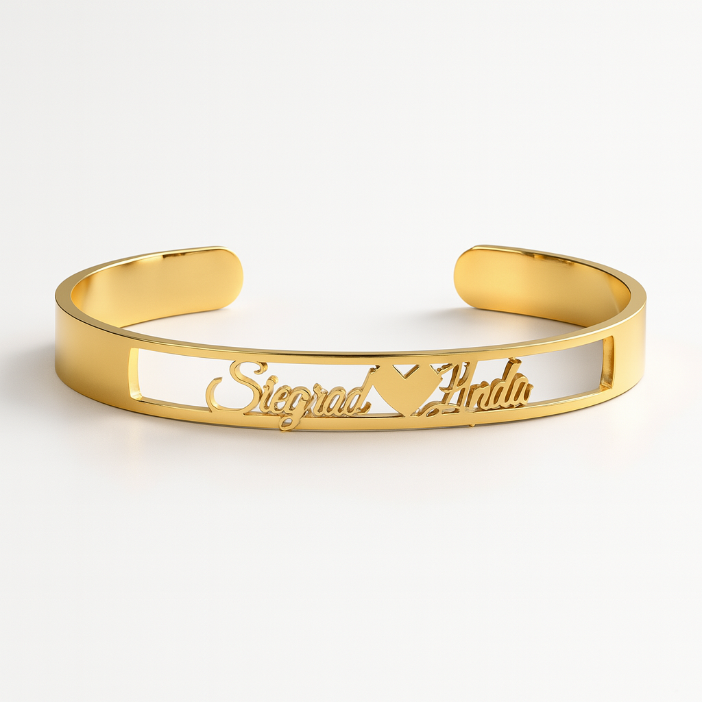 Custom Silver Couple Name Bracelet – Personalized Sigurd & Yulou Cuff with Heart