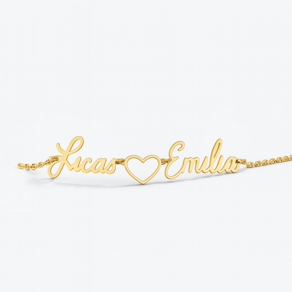 Custom Couple Name Bracelet – Gold Chain with Heart Design