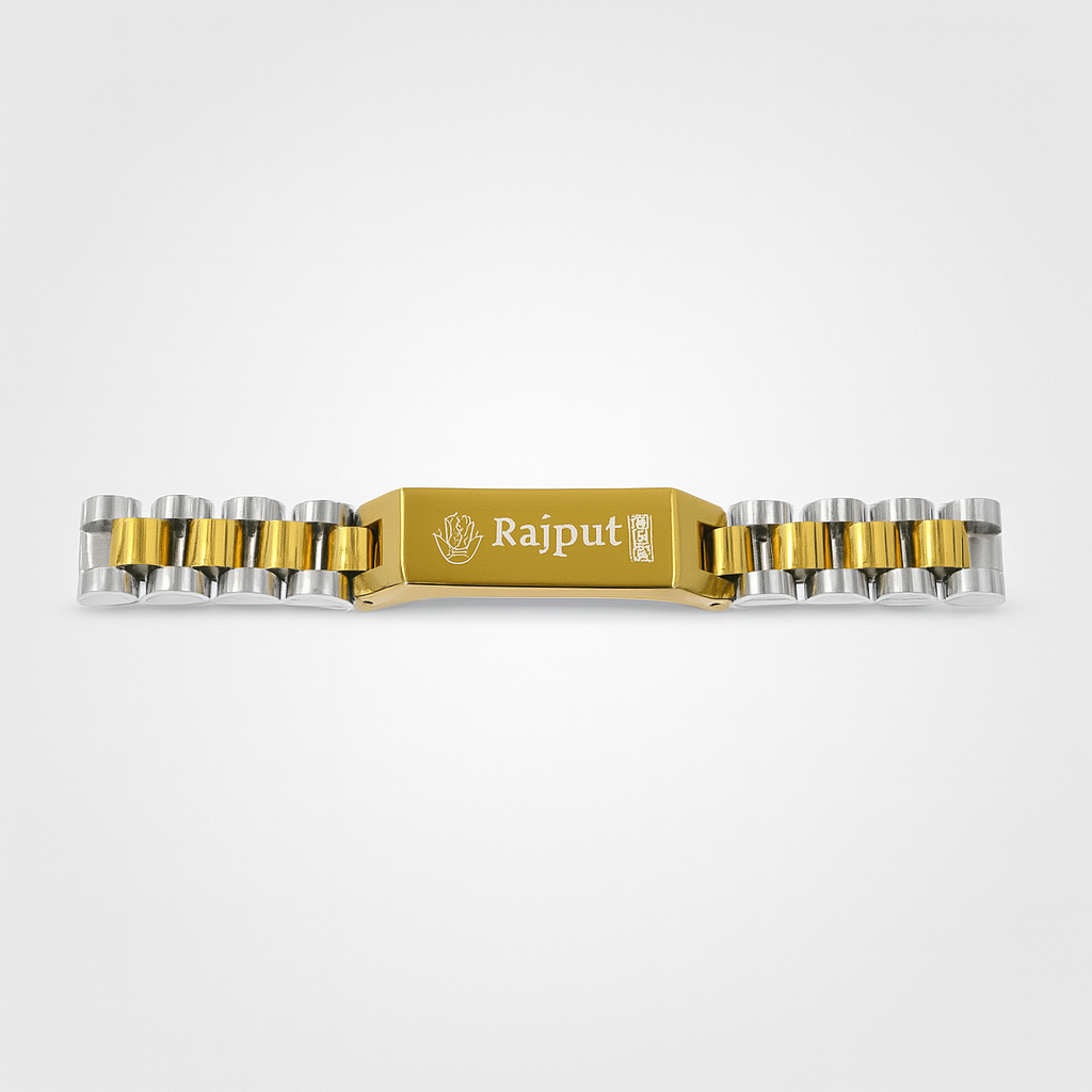 Custom Gold & Silver Rajput Bracelet – Engraved Stainless Steel Jewelry