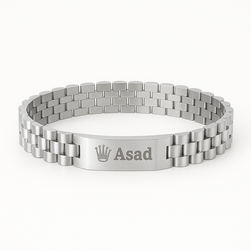 Rolex Personalized Silver Steel Bracelet – Engraved Asad Name & Crown Design