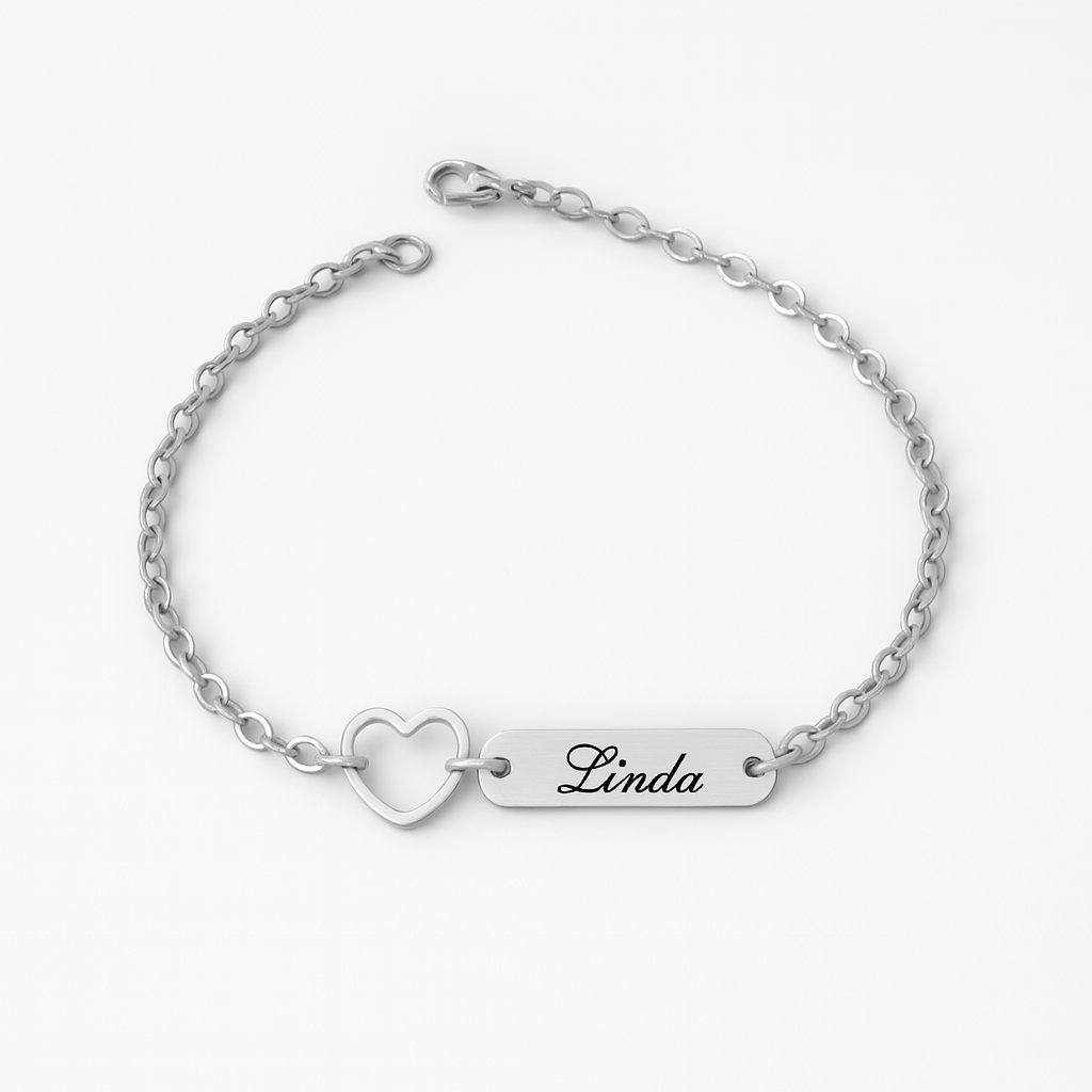 Custom Silver Name Bracelet – Personalized Heart Chain Jewelry