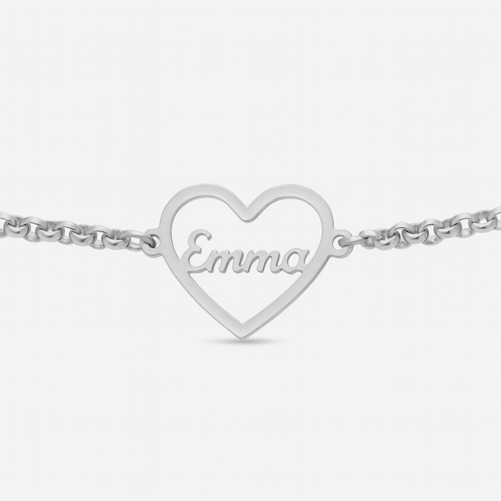 Custom Silver Heart Name Bracelet – Personalized Chain Jewelry