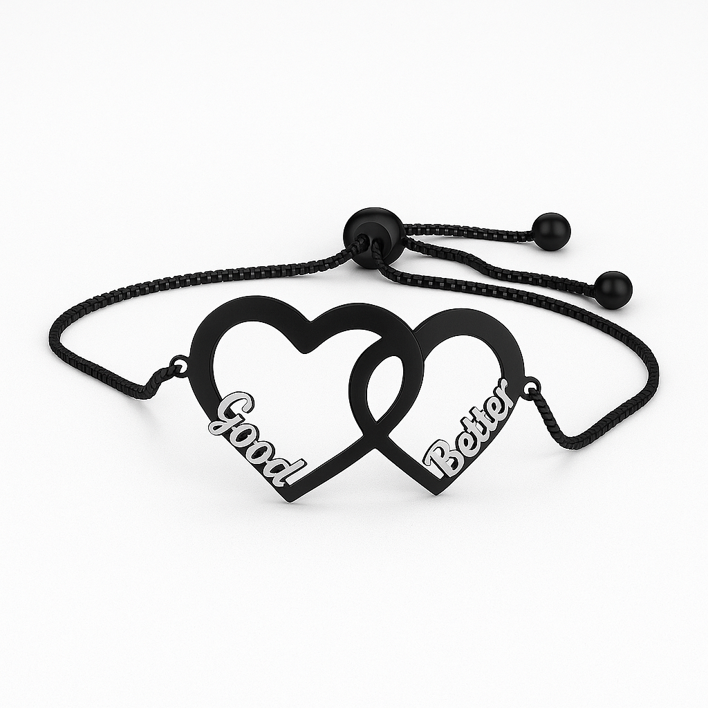 Black Custom Heart Bracelet – Dual Name Adjustable Cord Jewelry