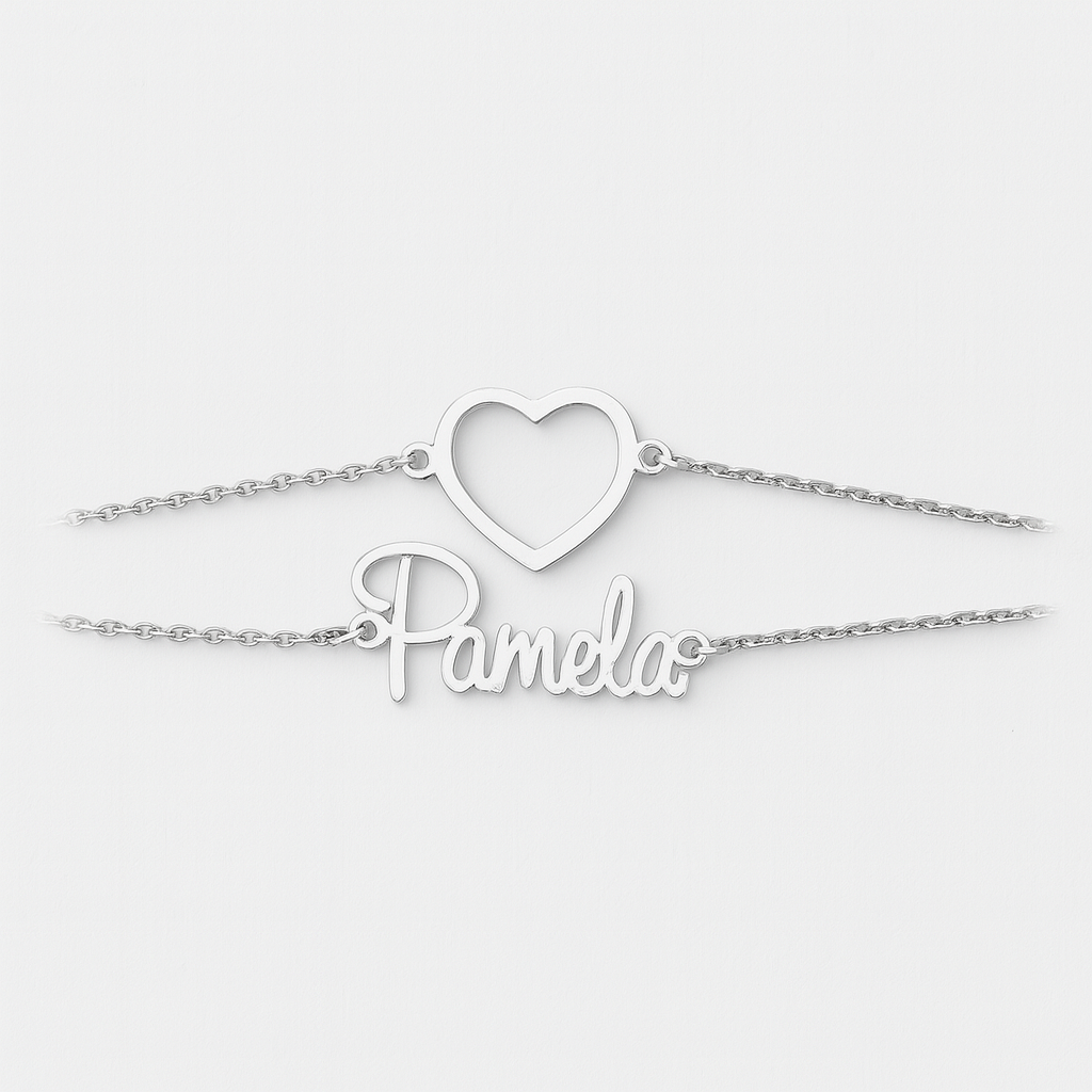 Custom Silver Name Bracelet – Heart Charm Personalized Jewelry