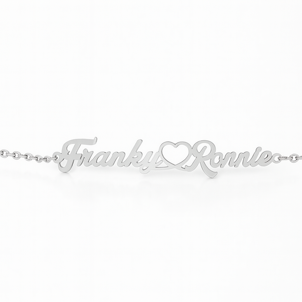 Custom Gold Couple Name Bracelet – Heart Connector Personalized Jewelry