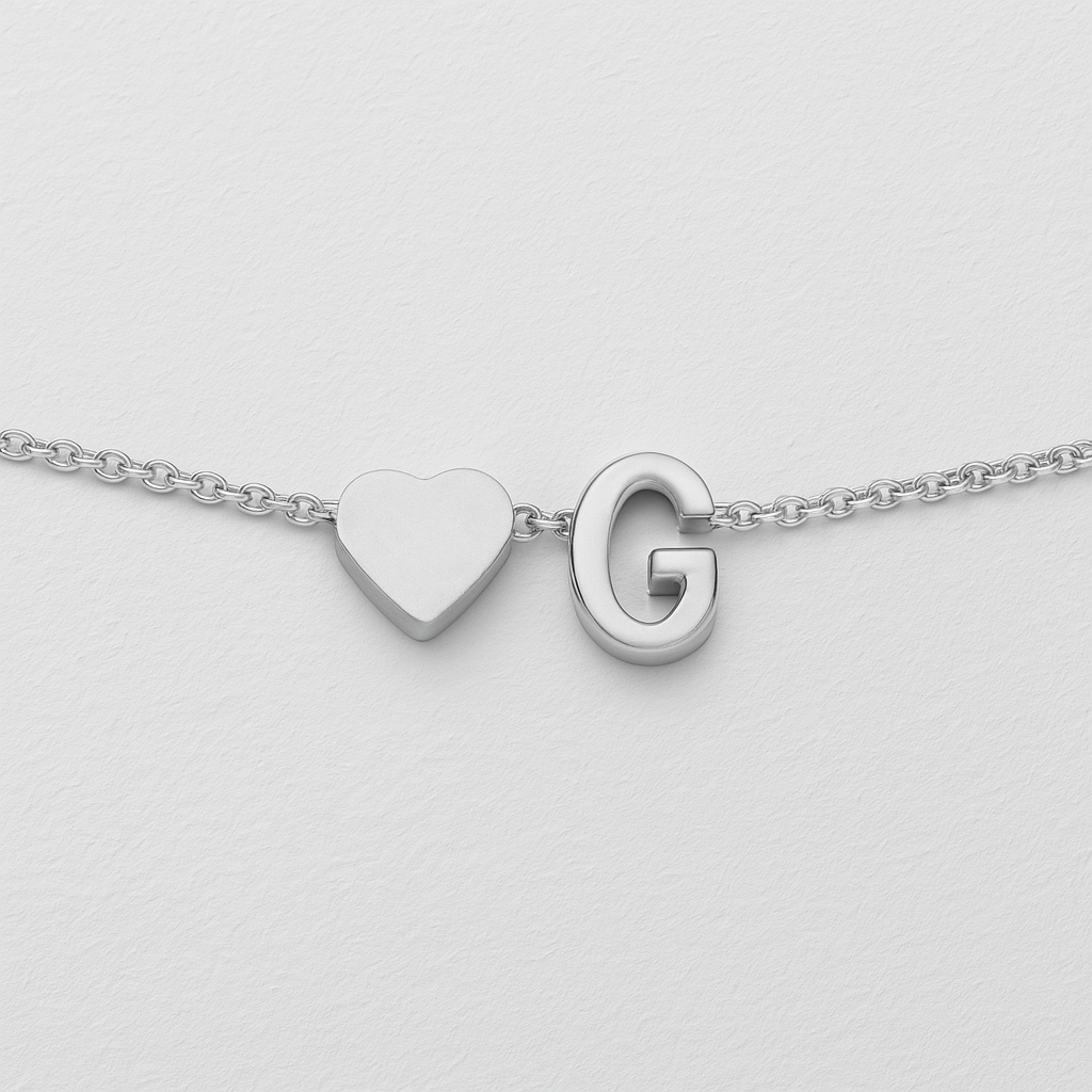"Minimalist Silver Initial Bracelet – Custom Letter with Heart Charm