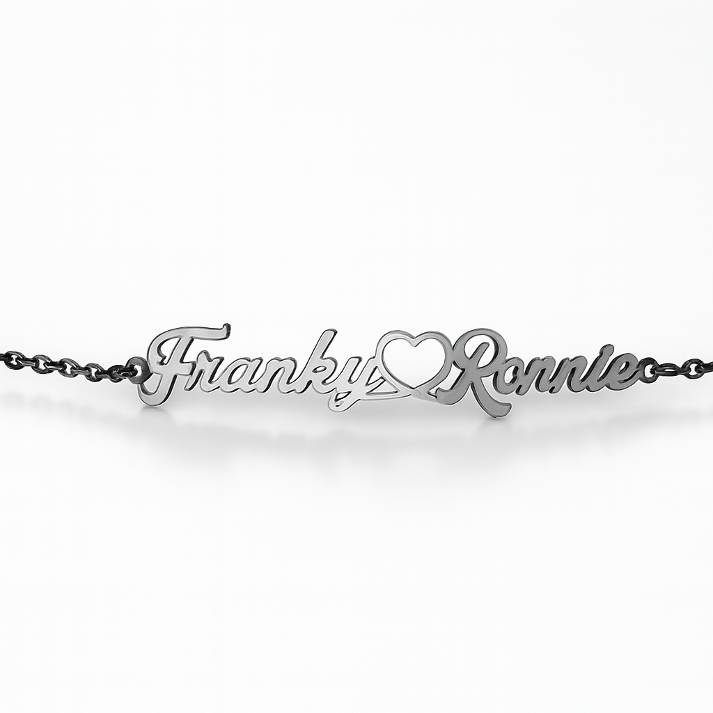 Custom Gold Couple Name Bracelet – Heart Connector Personalized Jewelry