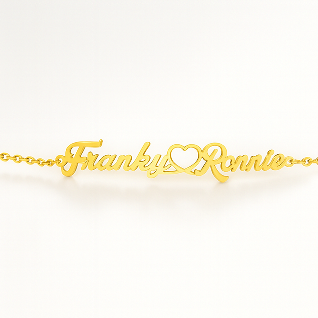 Custom Gold Couple Name Bracelet – Heart Connector Personalized Jewelry