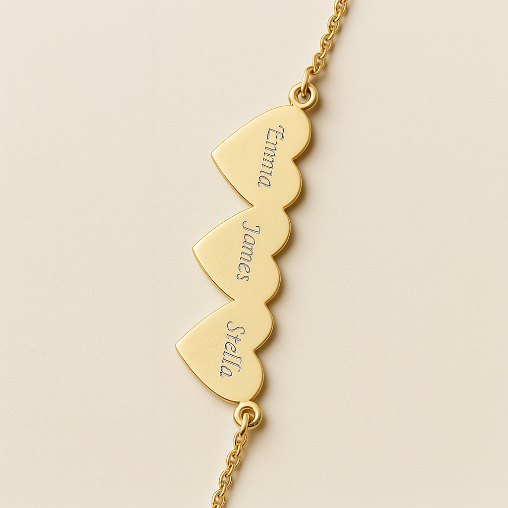 Custom Triple Heart Name Bracelet – Engraved Gold Family Jewelry