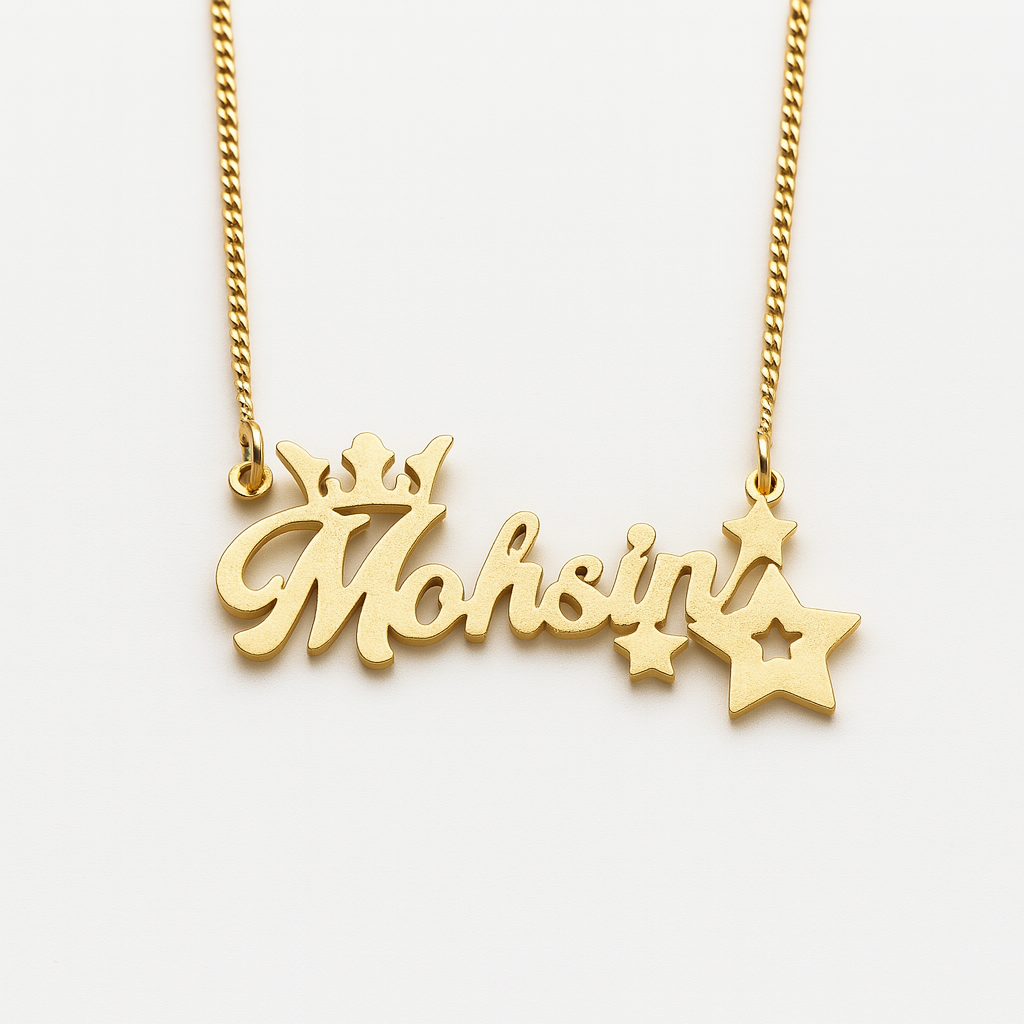 Custom Name Necklace for Boys & Girls (Unisex)– Crown & Star Design | Personalized Gold Plated Stainless Steel Pendant
