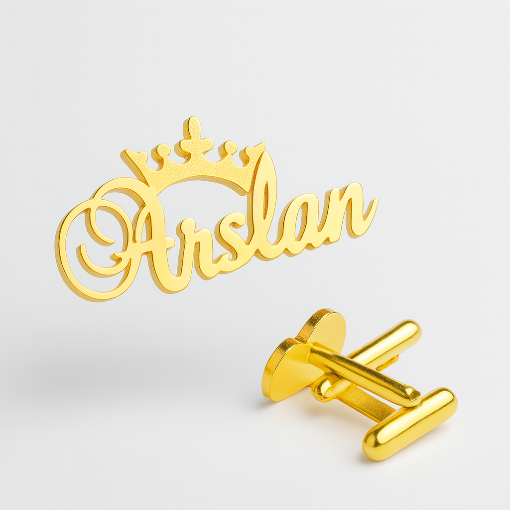 Custom Name Cufflinks with Crown – Personalized Gold/Silver Men's Jewelry – Luxury Engraved Gift for Him
