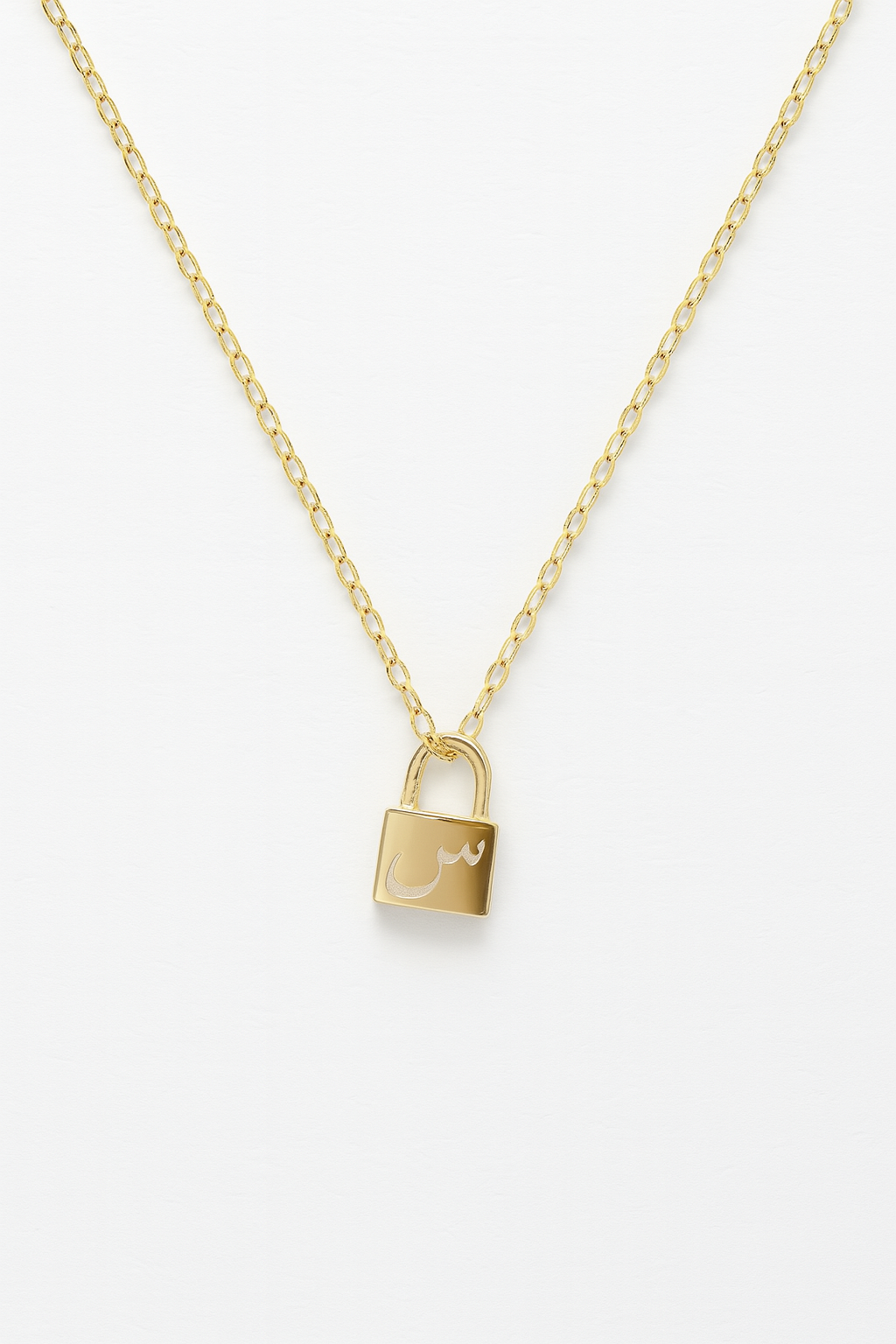 Custom Arabic Initial Lock Necklace | Personalized Gold Plated Pendant | Minimalist Jewelry Gift for Her