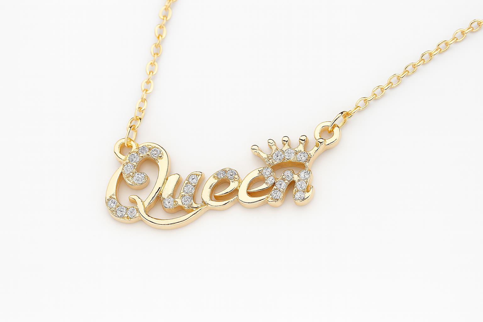 Queen Name Necklace with Crown – 24CT Gold Plated Custom Pendant with Sparkling CZ Stones – Elegant Jewelry Gift for Women & Girls