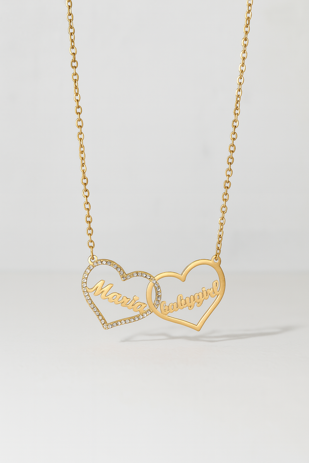 Custom Double Heart Name Necklace – Gold & Diamond Accent Pendant