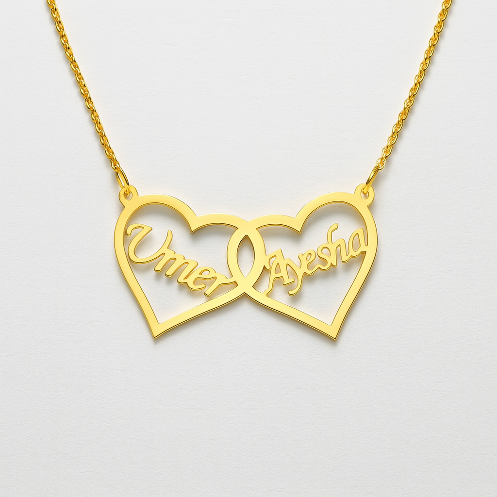 Custom Interlocking Hearts Name Necklace – Personalized Gold Couple Pendant