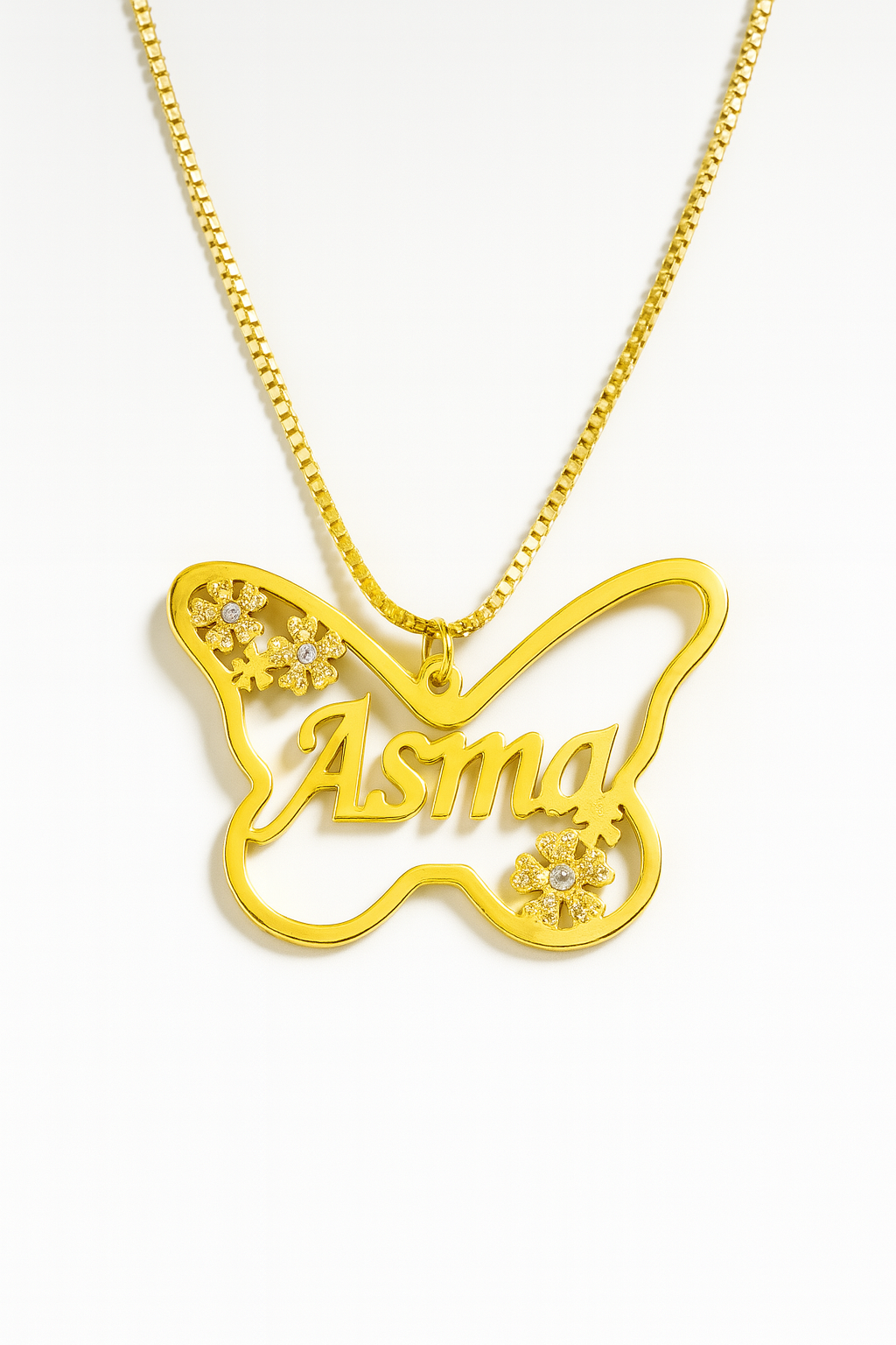 Custom Butterfly Name Necklace – Personalized Gold Pendant with Floral Crystals