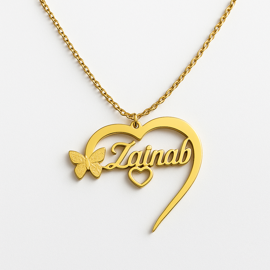 Custom Gold Heart Name Necklace with Butterfly & Heart – Personalized Jewelry Gift