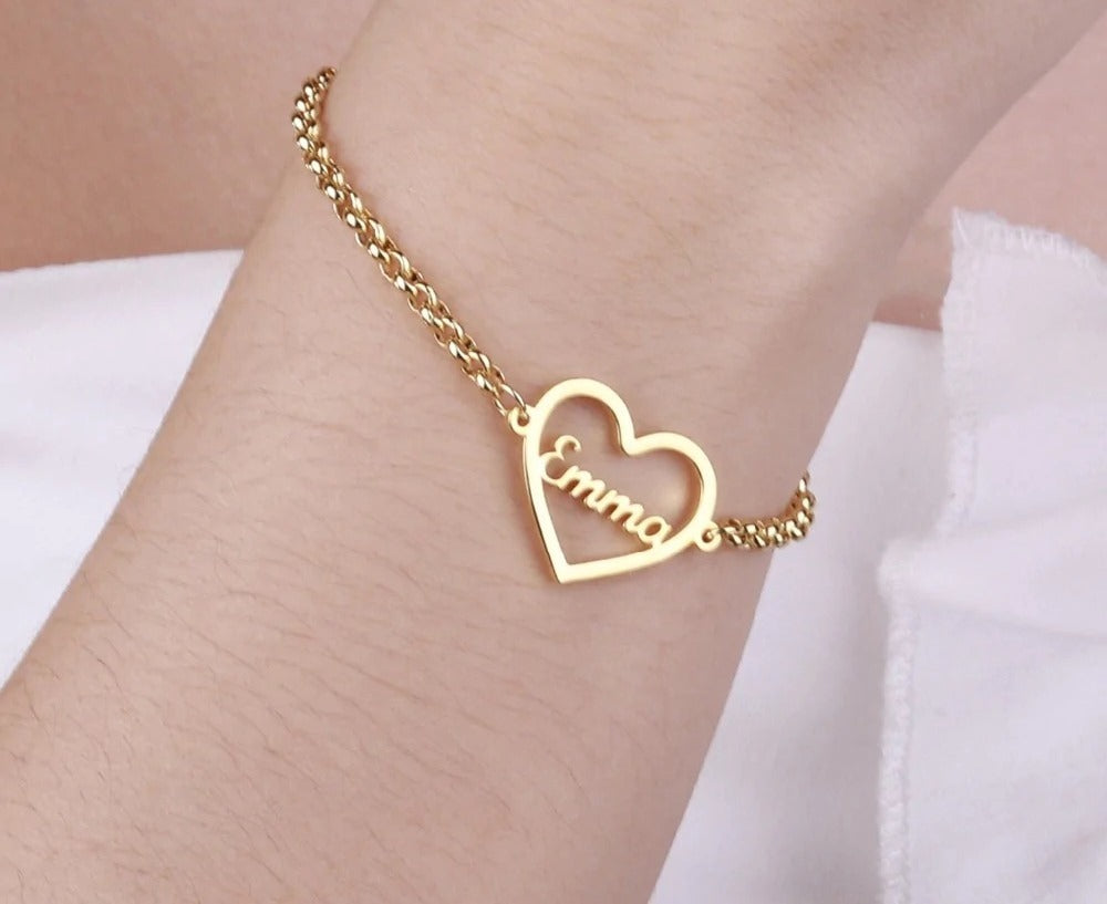 Custom Silver Heart Name Bracelet – Personalized Chain Jewelry