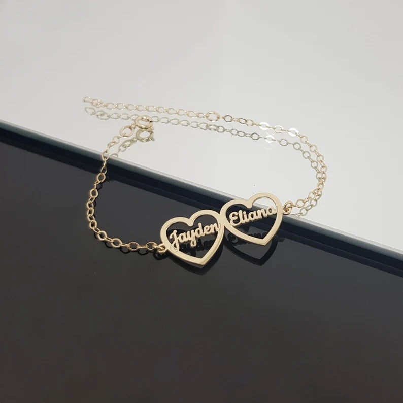 Custom Double Heart Name Bracelet – Gold Personalized Couple Jewelry