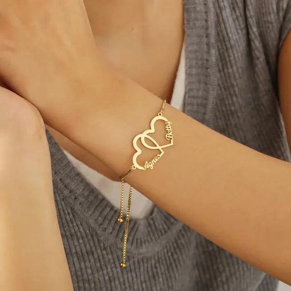 Black Custom Heart Bracelet – Dual Name Adjustable Cord Jewelry