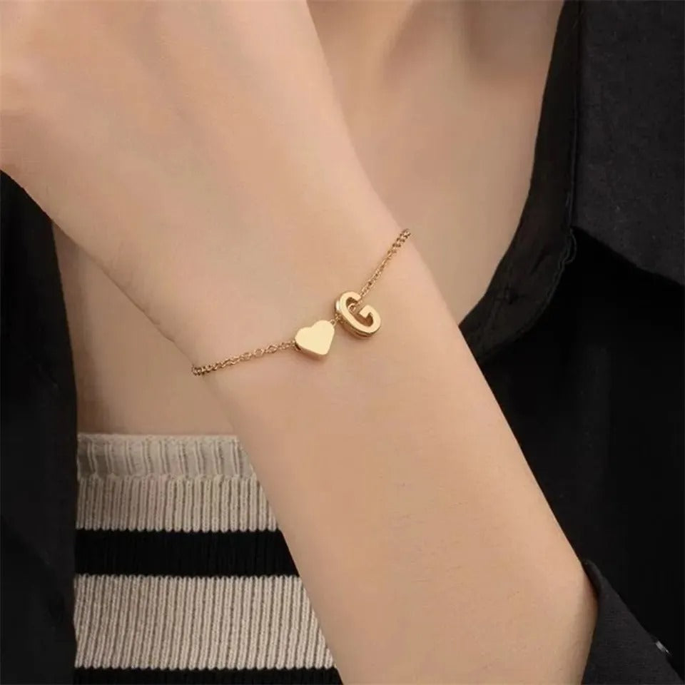 "Minimalist Silver Initial Bracelet – Custom Letter with Heart Charm