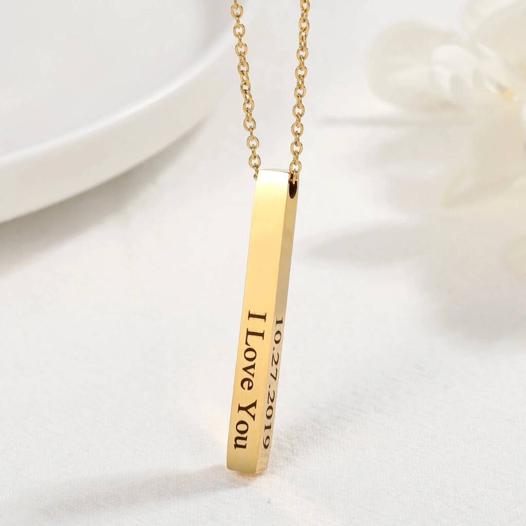 Custom Silver Engraved Bar Necklace – Personalized I Love You Pendant with Date | Romantic Gift for Couples